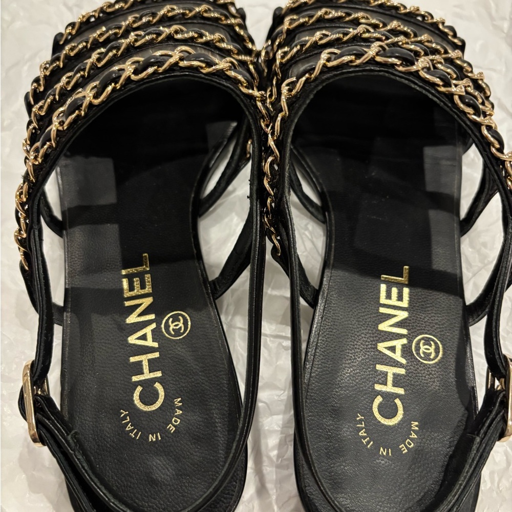 Chanel Black Leather Sandals with Gold Chains-Size 37C - Picture 4 of 12